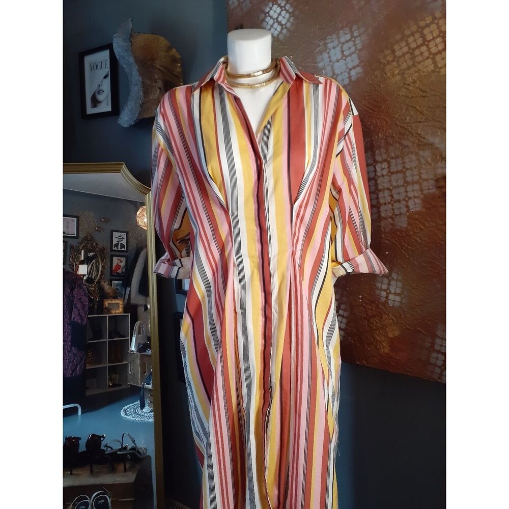 Zara 100% Cotton Striped Button-Front Maxi Shirt Dress in Warm Tones - Picture 15 of 16
